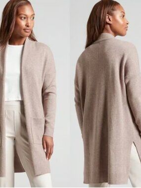 Athleta Spirit Wool Cashmere Wrap Sweater Quiet Luxury Long-Lined Taupe Sz M